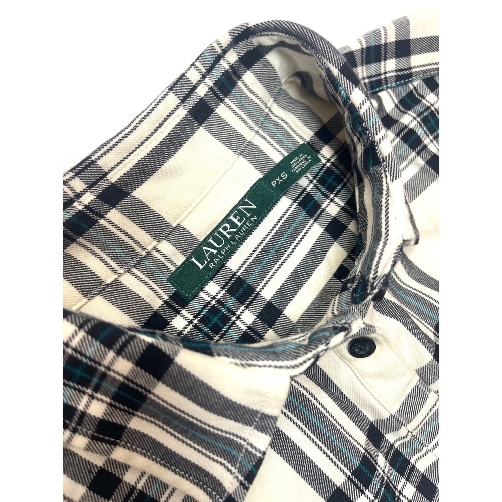 Lauren Ralph Lauren Womens Petite XS Plaid Cotton Button Down Shirt Cream Navy - Picture 3 of 13